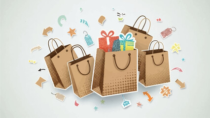 Shopping bag half tone paper collage, vector flying shopper gift concept, discount reward design. Present pack halftone effect poster, creative retro cardboard purchase sale clipart. Shopping bag set