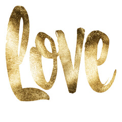 Hand-Inked Calligraphy &ldquo;Love&rdquo; with Gold Foil Effect &ndash; Luxury Clipart PNG, Transparent Background