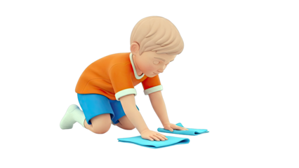 Boy cleaning with blue cloths