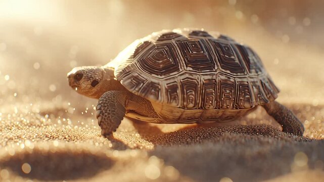 Desert Tortoise Crawls Slowly Through Golden Sparkling Sand