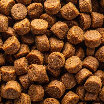 Close-up photograph of brown, textured fish food for Salomon and trout. Kibble pellets filling the frame. The lighting highlights the coarse, irregular surfaces of the individual pieces.