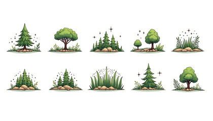 Collection of detailed natural emblems featuring various stylized pine trees deciduous trees and dense forest foliage