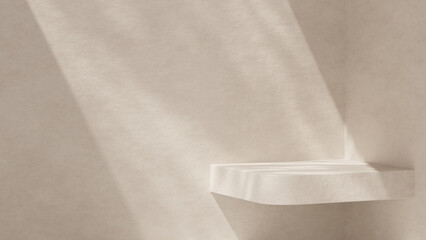 Minimal abstract 3D background featuring a beige floating product podium mounted against a clean architectural wall, illuminated by soft natural light and gentle shadows. 