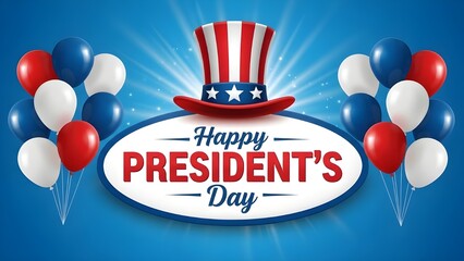 A bright celebration design for Presidents' Day featuring an oval badge, red white and blue balloons, and a patriotic top hat on a blue sunburst background.