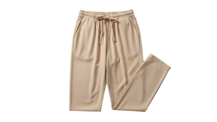 A pair of beige, drawstring, loose-fitting pants, isolated on a black background