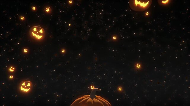 A mesmerizing display of glowing jack-o'-lanterns illuminating a dark sky.
