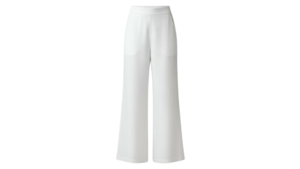 Front view of white wide-legged trousers, pockets visible, on a transparent background