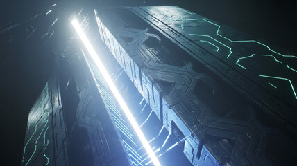 Futuristic Sci- Fi Monolith with Glowing Neon Circuitry and Bright Light Beam sci-fi alien