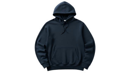 Dark navy hooded sweatshirt isolated on a black background, front view