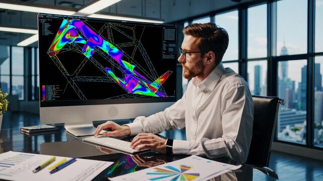 A professional analyzes a digital building model in a modern office with city views, using architectural and structural design technology