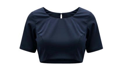 A cropped, navy-blue women's top with short sleeves and a rounded neckline