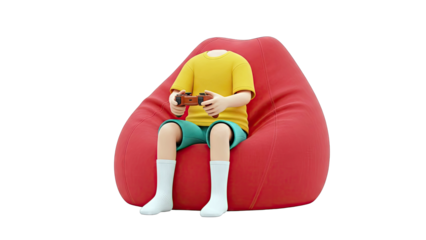 Faceless child playing video games on a red beanbag chair