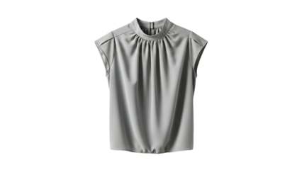 A sleeveless, gray, gathered-front blouse with a high neck and shoulder detailing