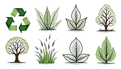 Nature elements collection featuring isolated green leaves plants trees and ecology symbol illustrating environmental conservation concepts