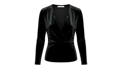 Front view of a dark, long-sleeved velvet blouse with a wrap-style closure