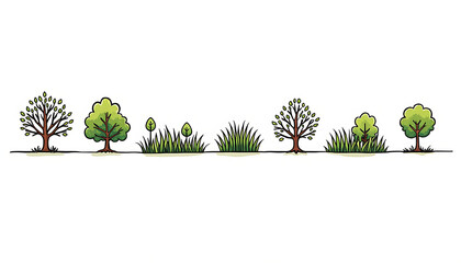 Seamless hand drawn nature border banner design featuring row of cartoon trees and green grass on continuous ground line illustration