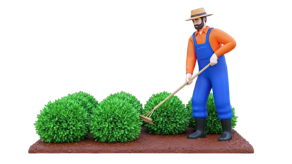 Farmer Tending to Bushes with Rake