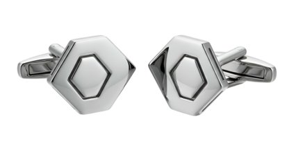 Pair of reflective, geometric cufflinks with a contrasting, internal hexagonal design