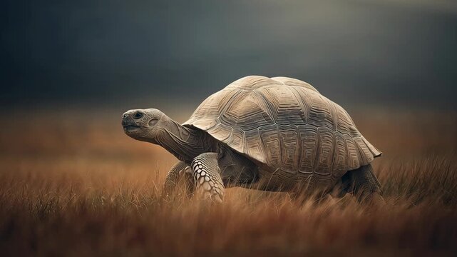 Giant tortoise walking slowly through dry savanna grass