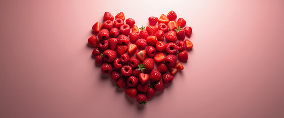 Fresh red raspberries and strawberries arranged in heart shape on pink background for healthy lifestyle and food concepts