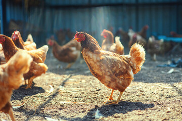 group of chickens are standing in  field