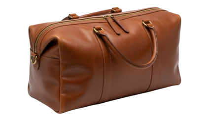A close-up of a brown leather duffel bag on a transparent background