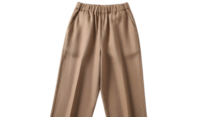 Flat-lay of tan trousers with a wide leg and elastic waistband
