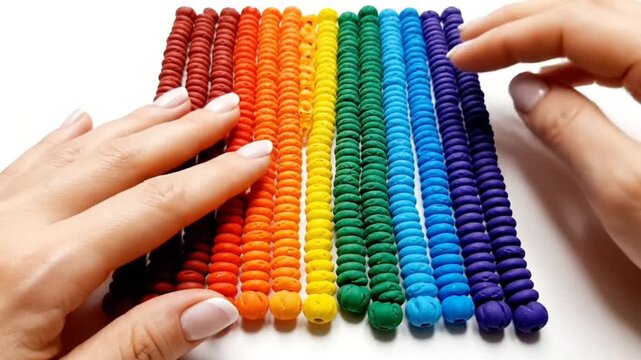 Rainbow colored polymer clay bead strips being touched in a satisfying close-up shot on white background