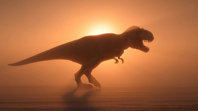 T Rex Dinosaur Silhouette Running Against Dramatic Sunset Prehistoric Era