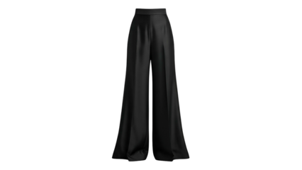 A pair of elegantly draped, wide-leg black trousers, presented on a stark black background