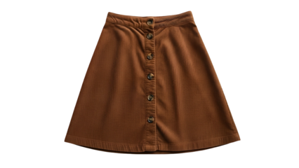 A-line brown corduroy skirt with button closure, isolated on black