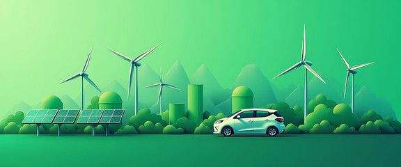 White electric car driving through a green landscape with multiple wind turbines, solar panels, and futuristic buildings