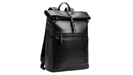 Black roll-top backpack with a front zip pocket and a side pocket; isolated