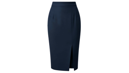 A navy blue, high-waisted pencil skirt with a front slit, against a black backdrop