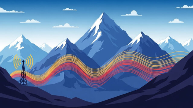 Cell tower transmitting signals across mountain landscape representing wireless communication and network coverage in remote areas vector illustration
