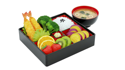 Bento Box Meal with Fried Shrimp and Miso Soup