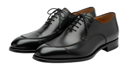 Polished, glossy black leather dress shoes with laces, angled slightly on a black background