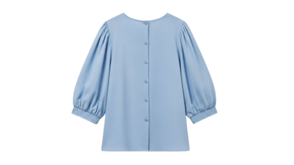 Light blue, button-down blouse with long, puffed sleeves and a round neckline