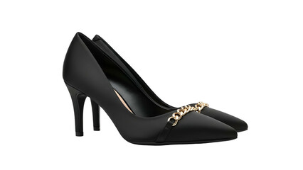Pair of elegant black high-heeled shoes with a gold chain detail, isolated on black
