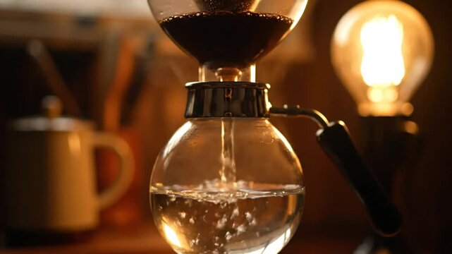 Close-up of a glass siphon coffee maker with hot water and coffee brewing in a warm, inviting setting