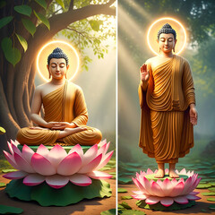 Serene Buddha Meditation on Lotus Flower &ndash; Spiritual Zen Art, Mindfulness and Buddhist Enlightenment Concept