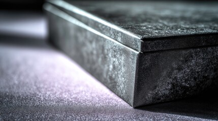 Close-up of a textured, dark gray box with a lid.