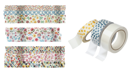 collection of decorative tapes with floral and geometric patterns, alongside rolls of clear adhesive tape, presented against a clean white background.
