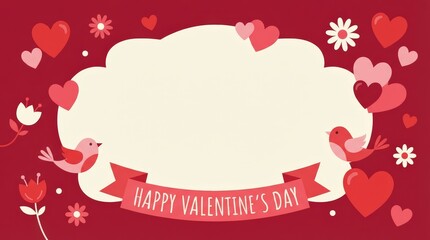 Celebratory valentine's day greeting card design featuring hearts and birds romantic theme graphic content vibrant red background whimsical style for love expressions