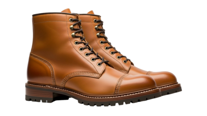 A pair of brown leather boots, neatly laced, set against a black background