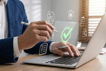 Businessman using digital pen and laptop with online document approval system, task checklist management, and secure data verification concept for digital workflow and business automation.