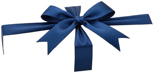 Navy blue satin ribbon bow with trailing ends isolated on transparent background
