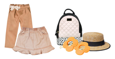 cute children's outfit flat lay: beige pants, pink skirt, quilted backpack, straw hat, and floral hair clips.
