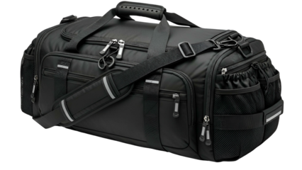 Large, black duffel bag with multiple compartments, zippers, and a shoulder strap