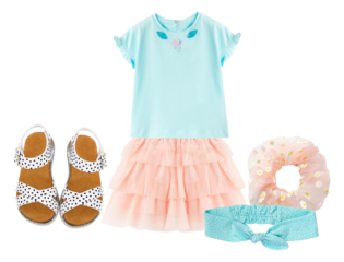 adorable baby girl's summer outfit flat lay: light blue t-shirt, pink tutu skirt, sandals, headband, and scrunchie.